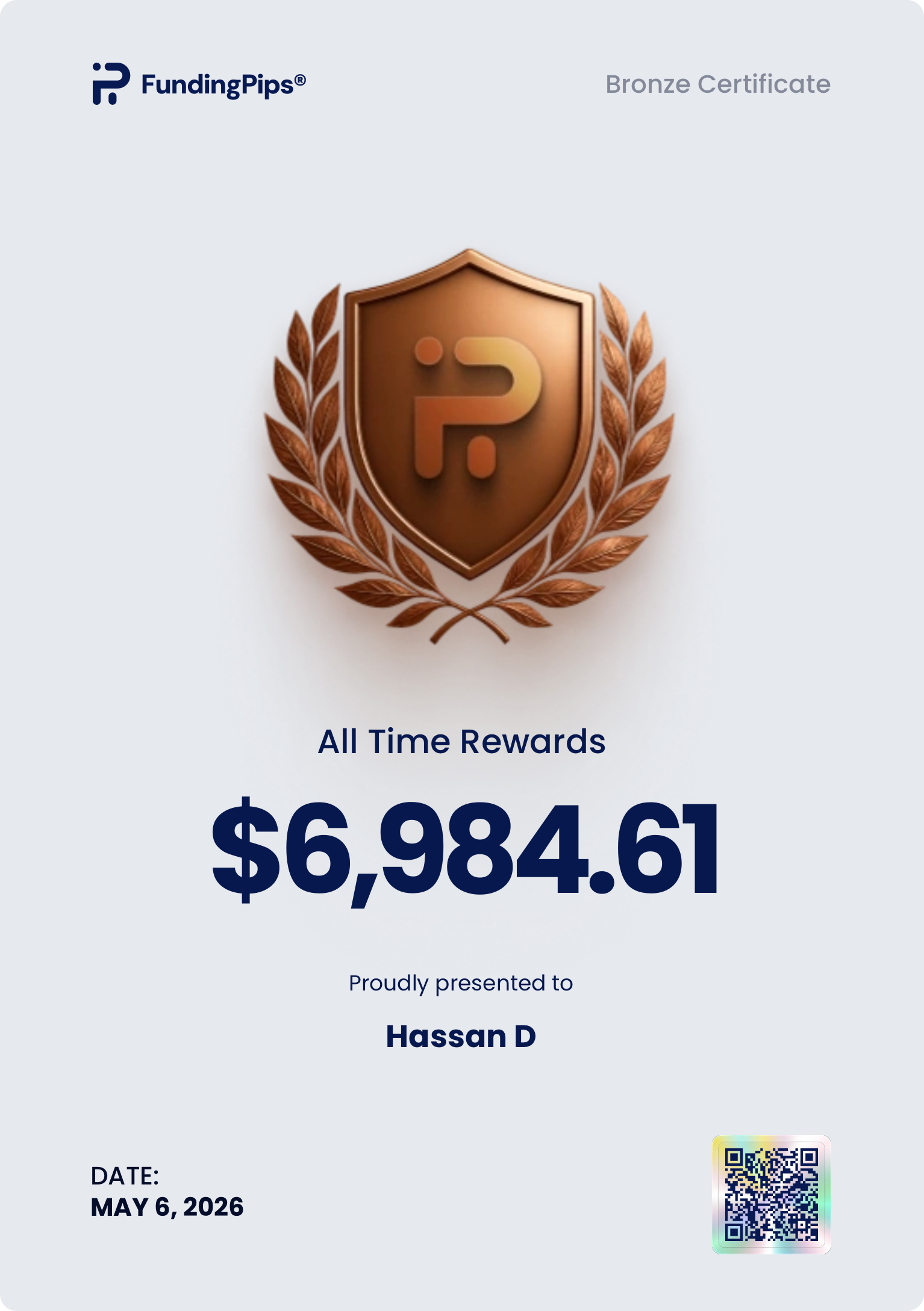 FundingPips Bronze Certificate — official payout